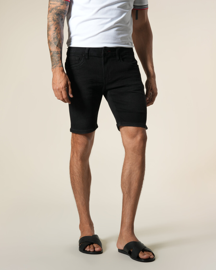 bermuda en jean avec empiècements en cuir