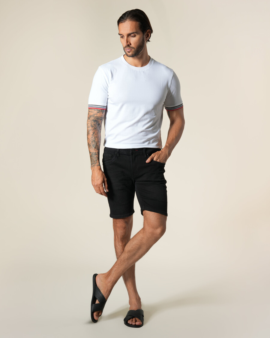 bermuda en jean avec empiècements en cuir