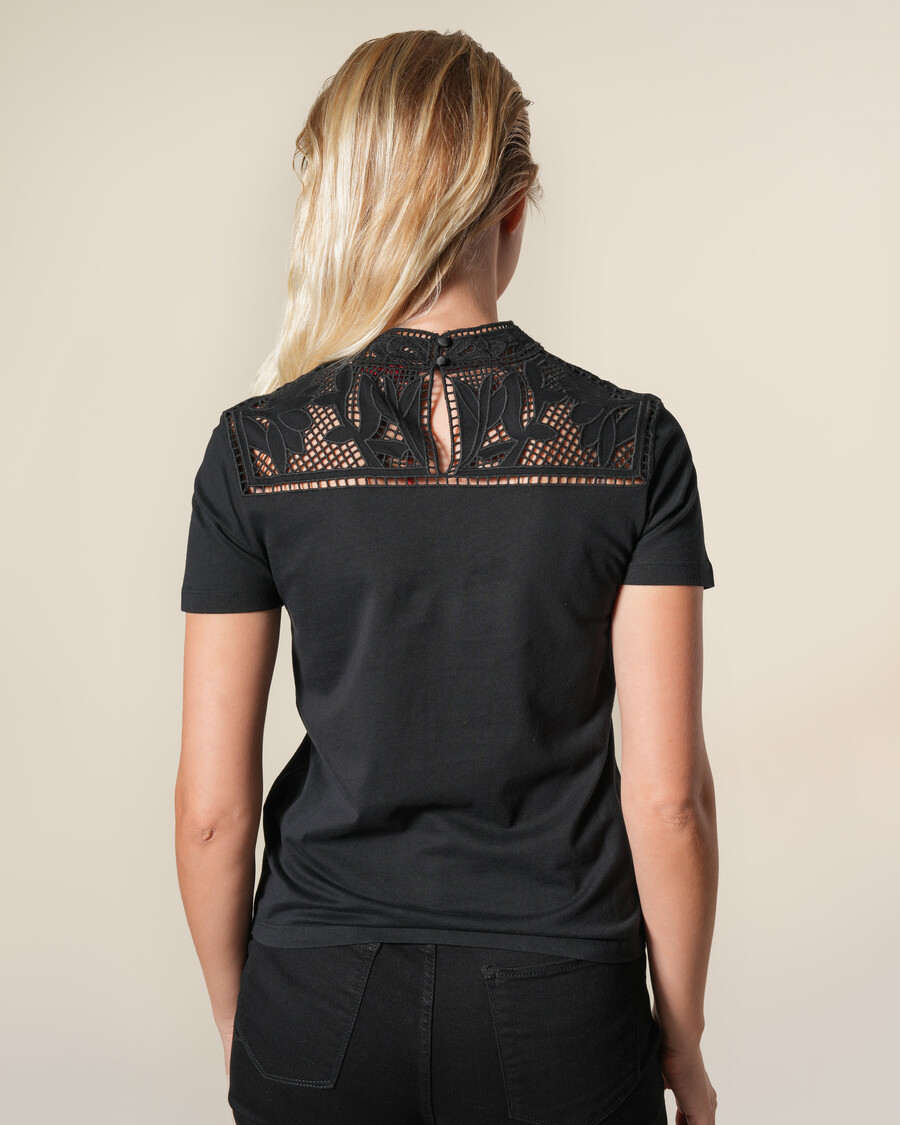 t-shirt en coton à col montant en broderie anglaise